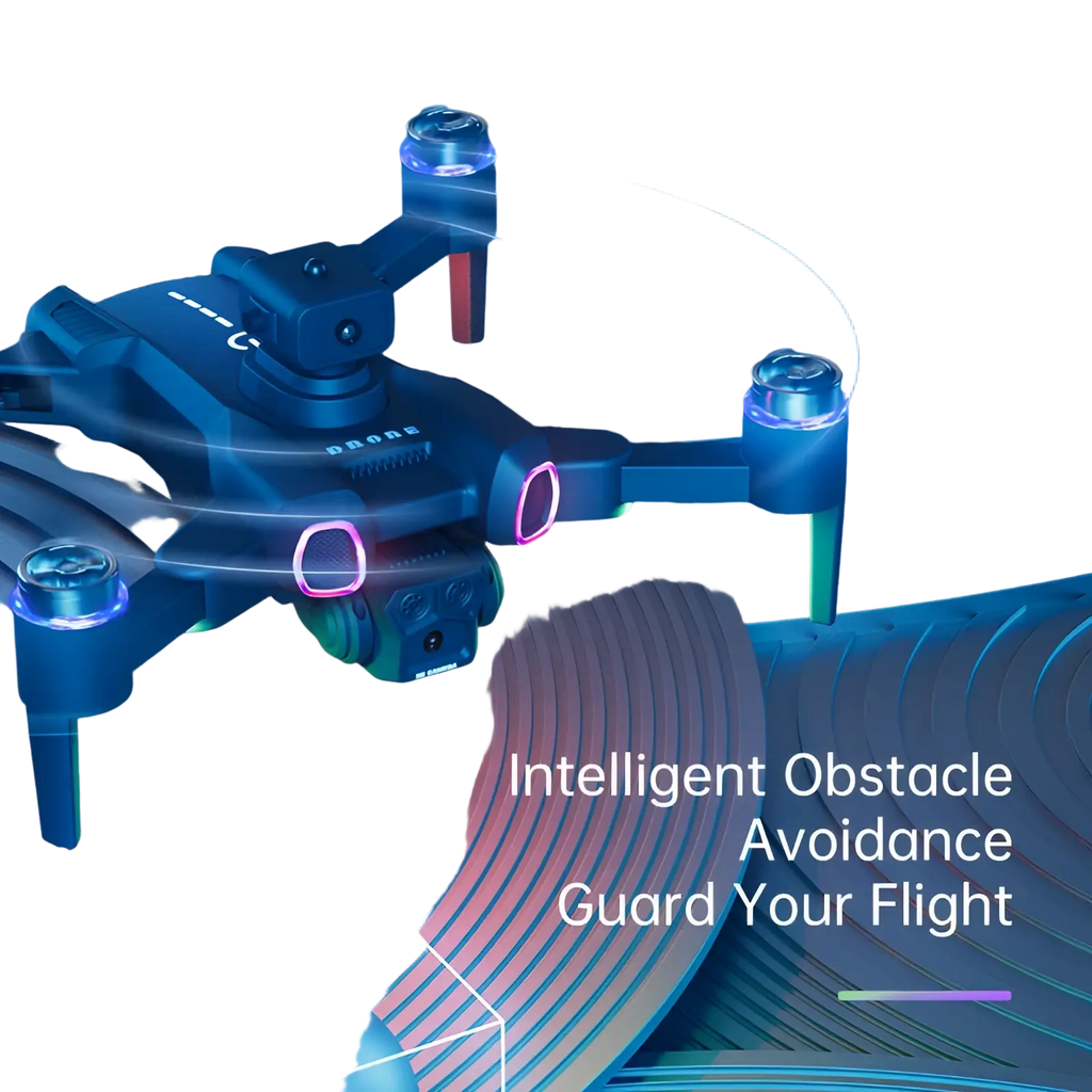 Blue black brushless foldable camera drone with LED lights glowing purple and blue on its arms