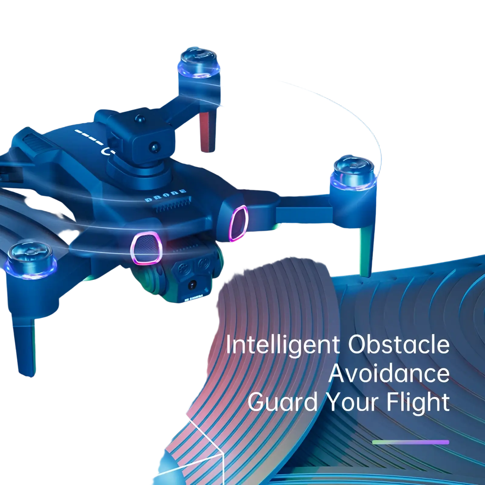 Blue black brushless foldable camera drone with LED lights glowing purple and blue on its arms