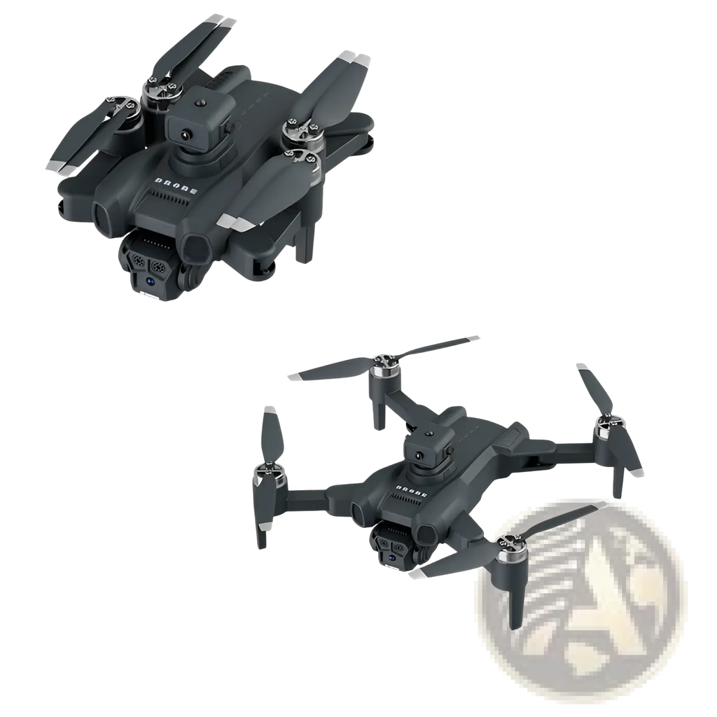 Black brushless foldable camera drone with led lights featuring silver accented propellers and motor housings