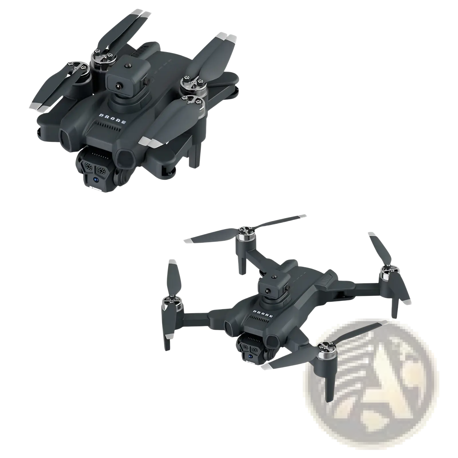 Black brushless foldable camera drone with led lights featuring silver accented propellers and motor housings