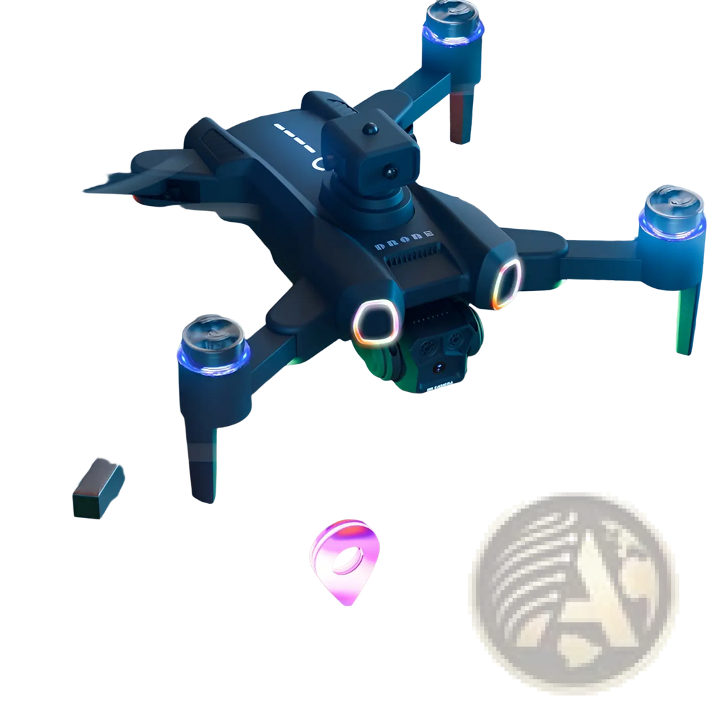 Black brushless foldable camera drone with blue and green led lights on arms and camera mounted below