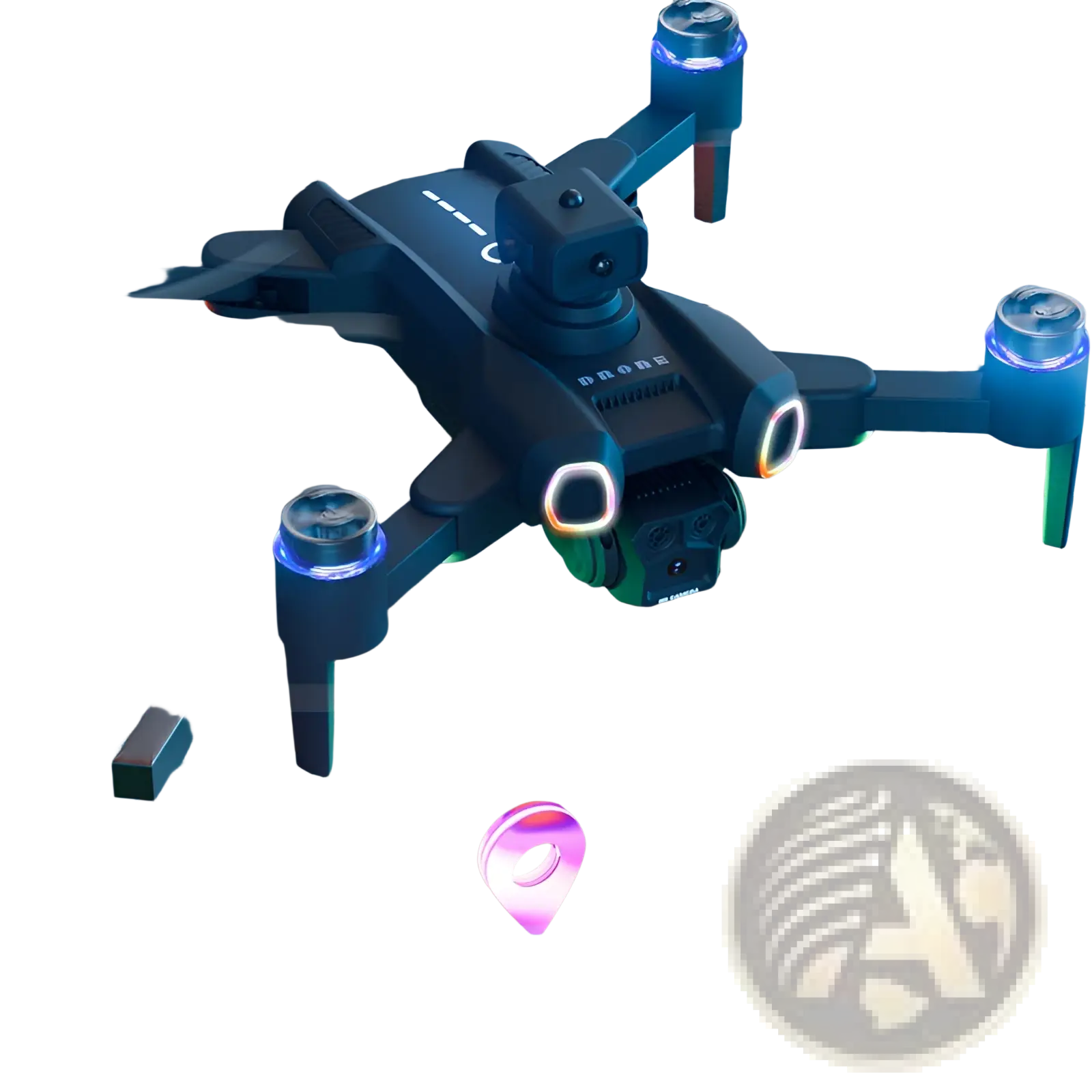 Black brushless foldable camera drone with blue and green led lights on arms and camera mounted below