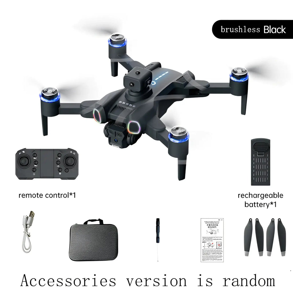 Black brushless foldable camera drone with led lights featuring blue glowing propeller hubs and camera mounted below