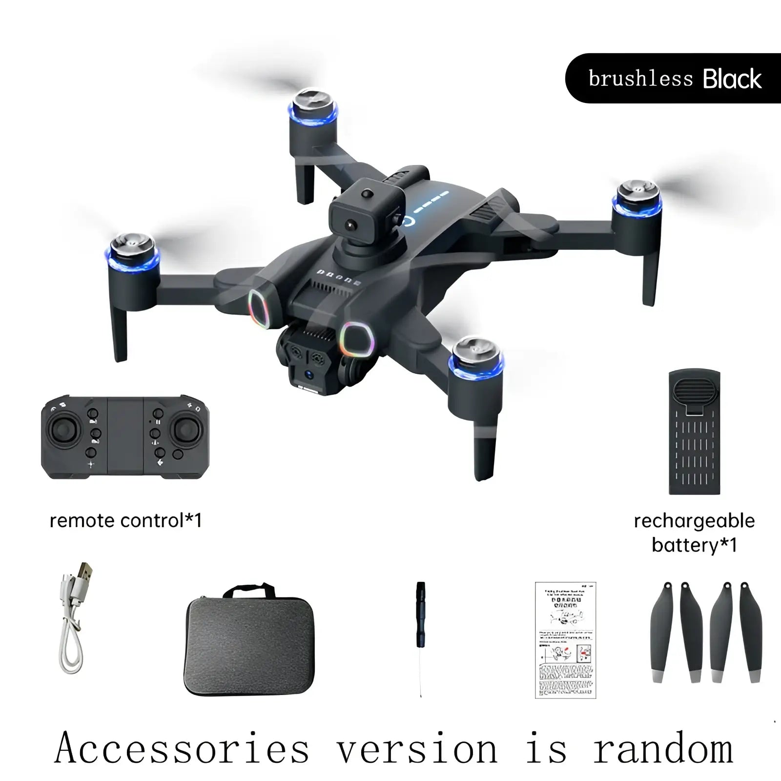 Black brushless foldable camera drone with led lights featuring blue glowing propeller hubs and camera mounted below