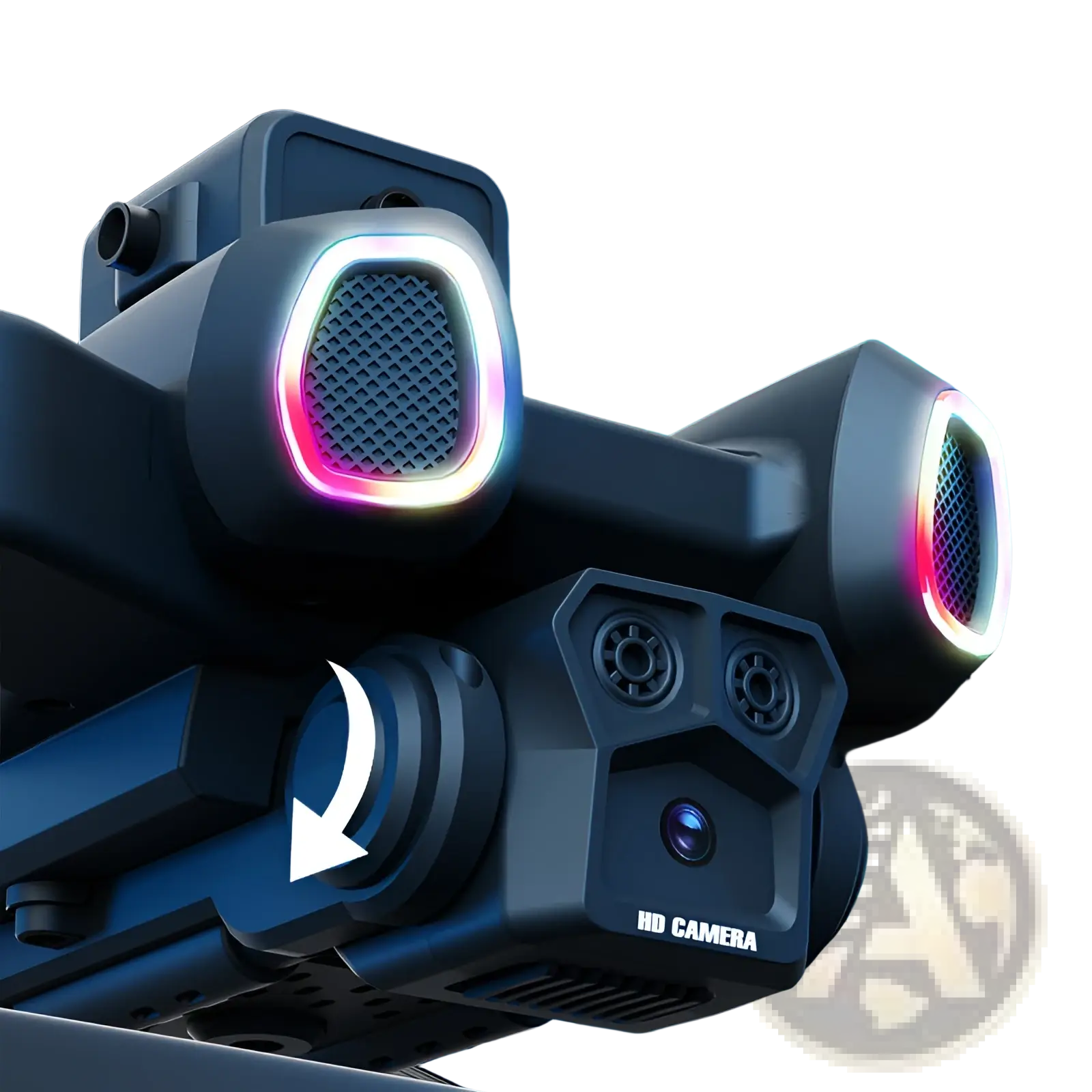 Black brushless foldable camera drone with electrically adjustable lens and glowing pink and white led rings around camera housings