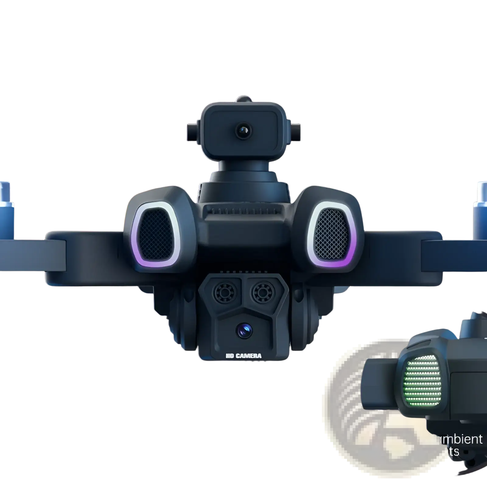 Black brushless foldable camera drone with rgb led lights around camera housing and rear ambient lighting shown from back