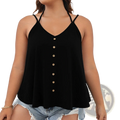 Black button front v-neck tank top plus size with thin straps and gold buttons down the front