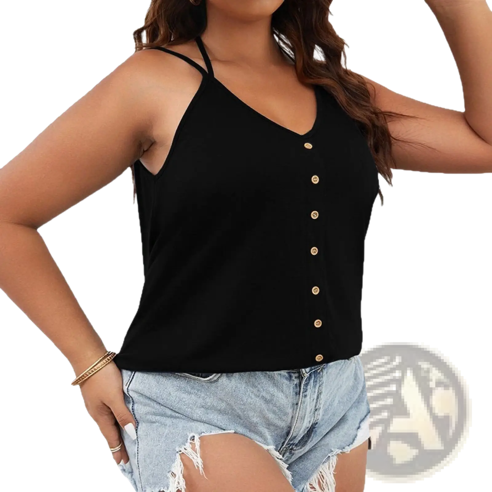 Black button front v-neck tank top plus size featuring thin straps and gold buttons down the front