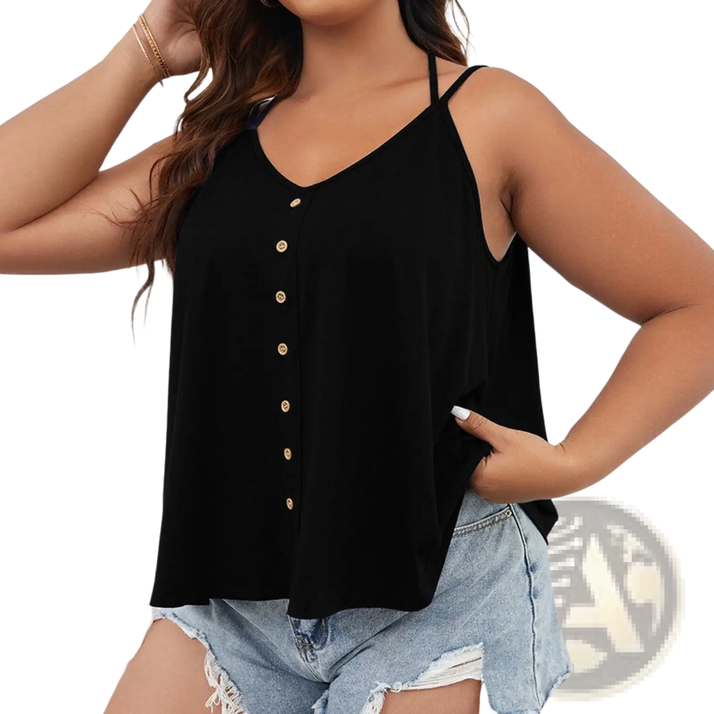 Black button front v-neck tank top plus size with thin straps and gold buttons down the front