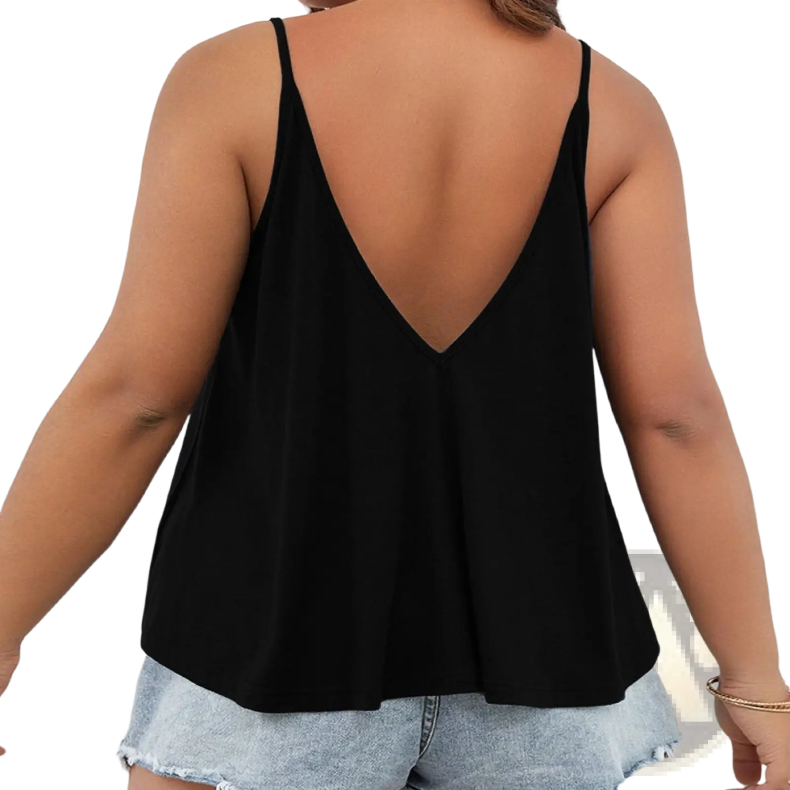Black button front v-neck tank top plus size shown from the back featuring a sleeveless design with deep v-back and thin straps
