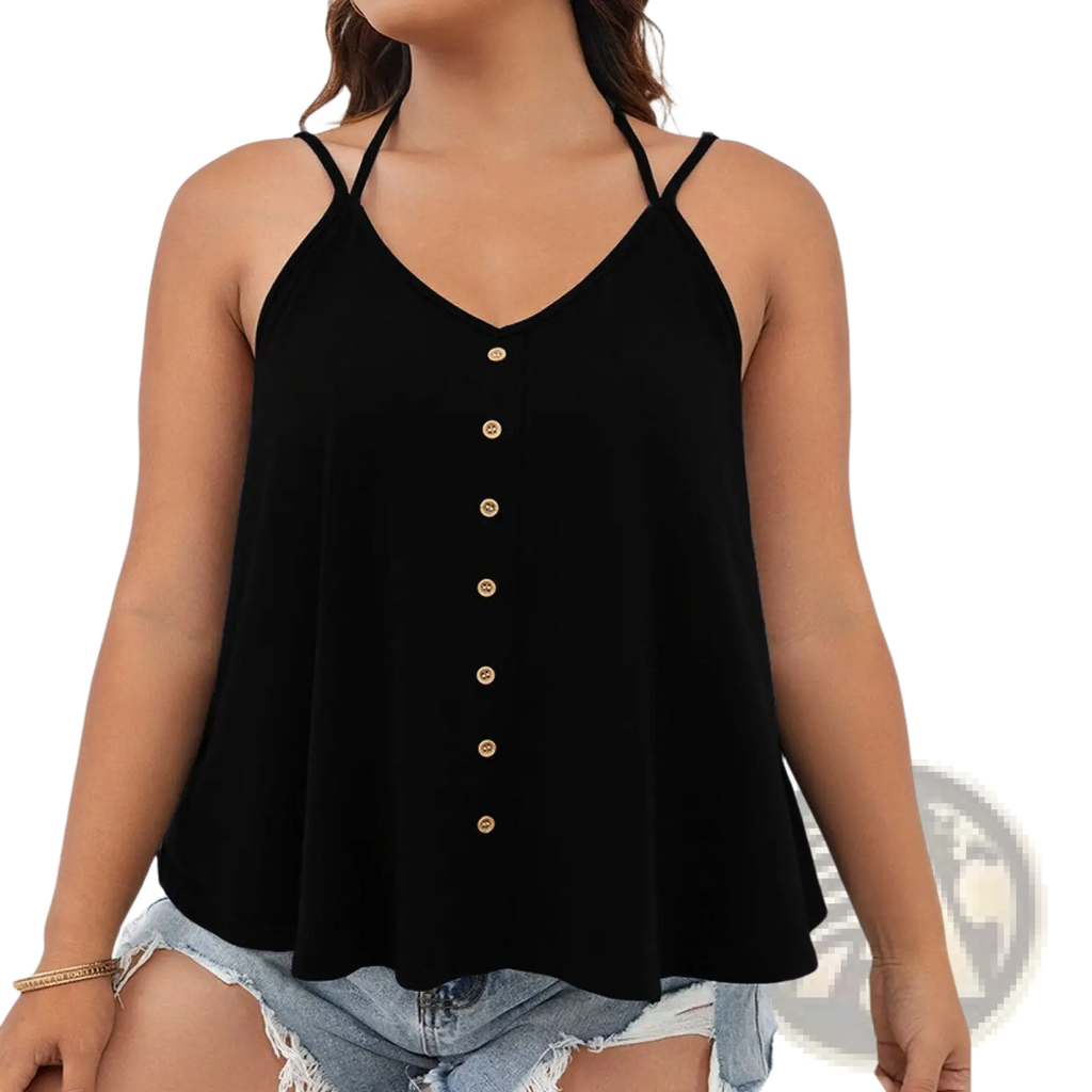 Black button front v-neck tank top plus size with thin straps and gold buttons down the front
