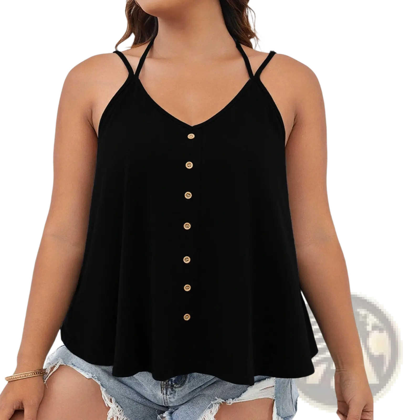 Black button front v-neck tank top plus size with thin straps and gold buttons down the front