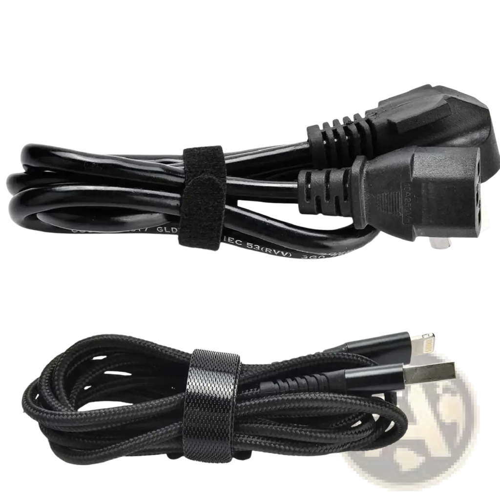 Black cable organizer strap with a durable woven usb-c to power adapter cable featuring molded connectors