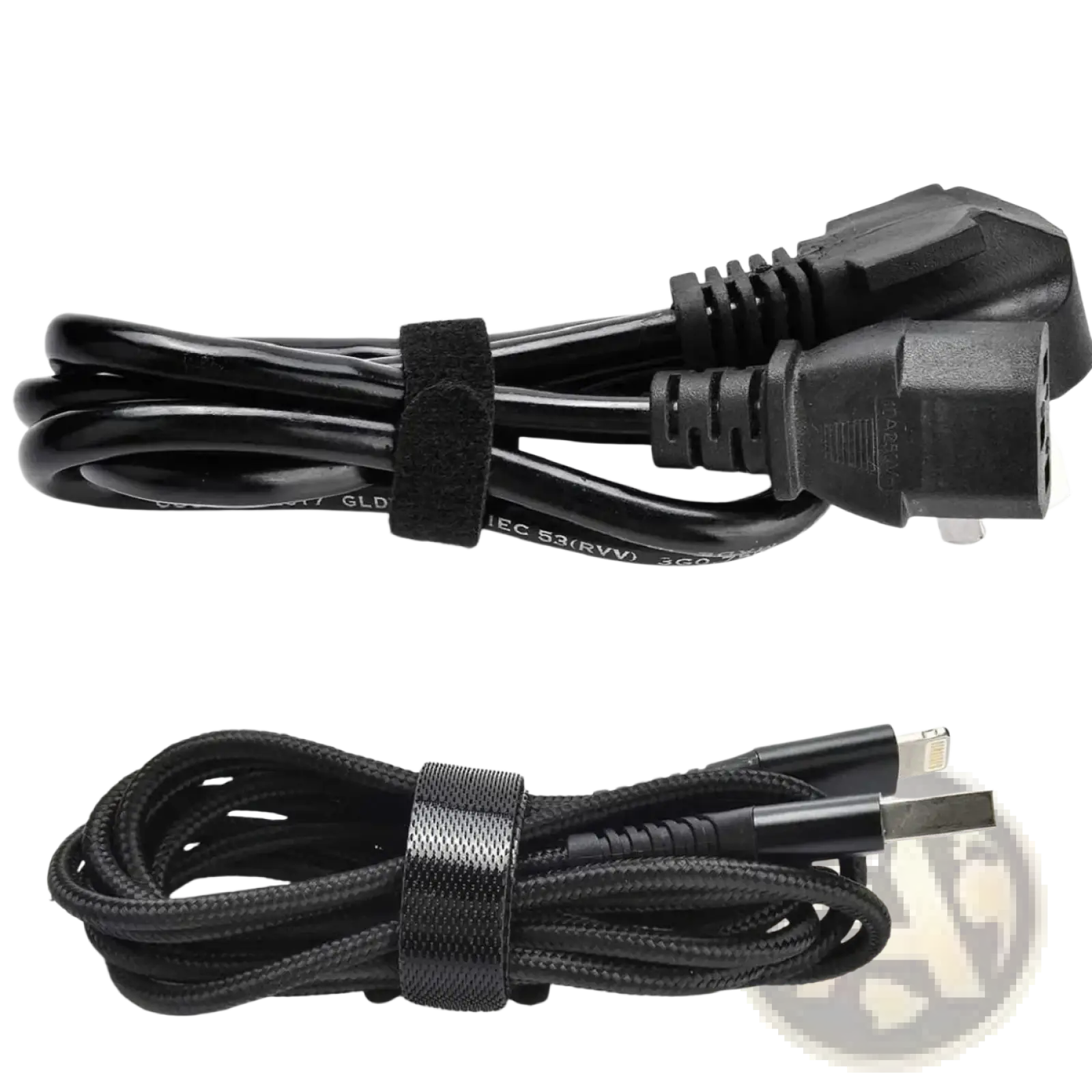 Black cable organizer strap with a durable woven usb-c to power adapter cable featuring molded connectors