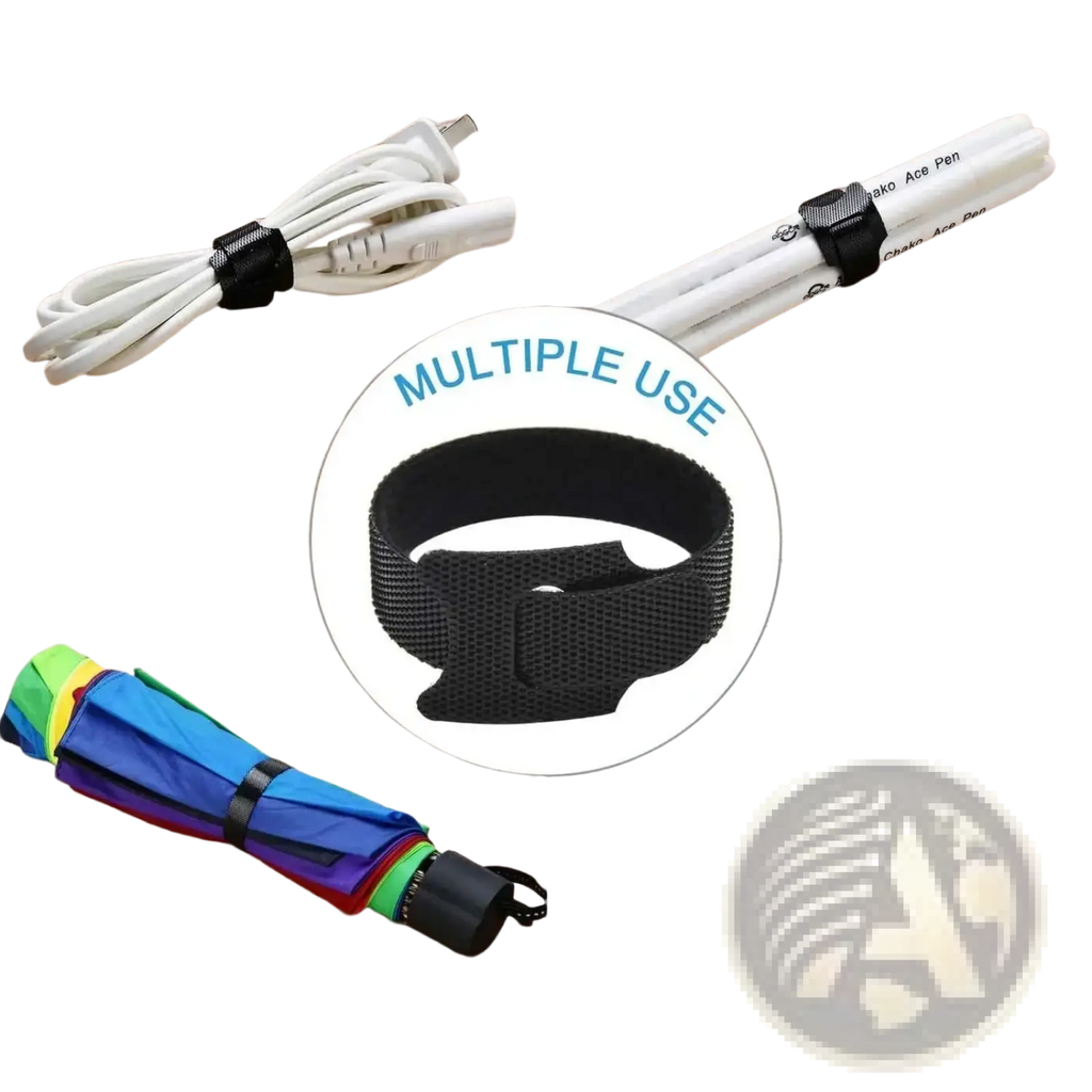 Black cable organizer strap made of elastic with hook-and-loop fastener for securing cables and small items