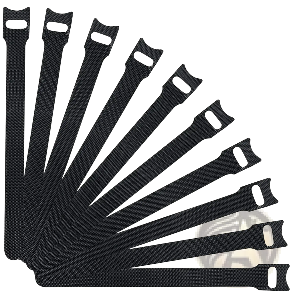 Black cable organizer strap made of fabric with reinforced ends and textured weave for wire management and organization