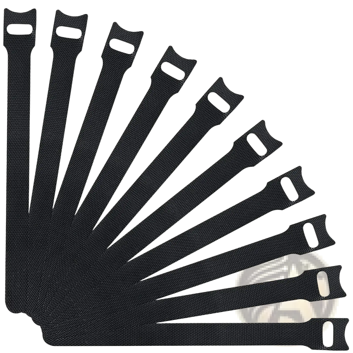 Black cable organizer strap made of fabric with reinforced ends and textured weave for wire management and organization