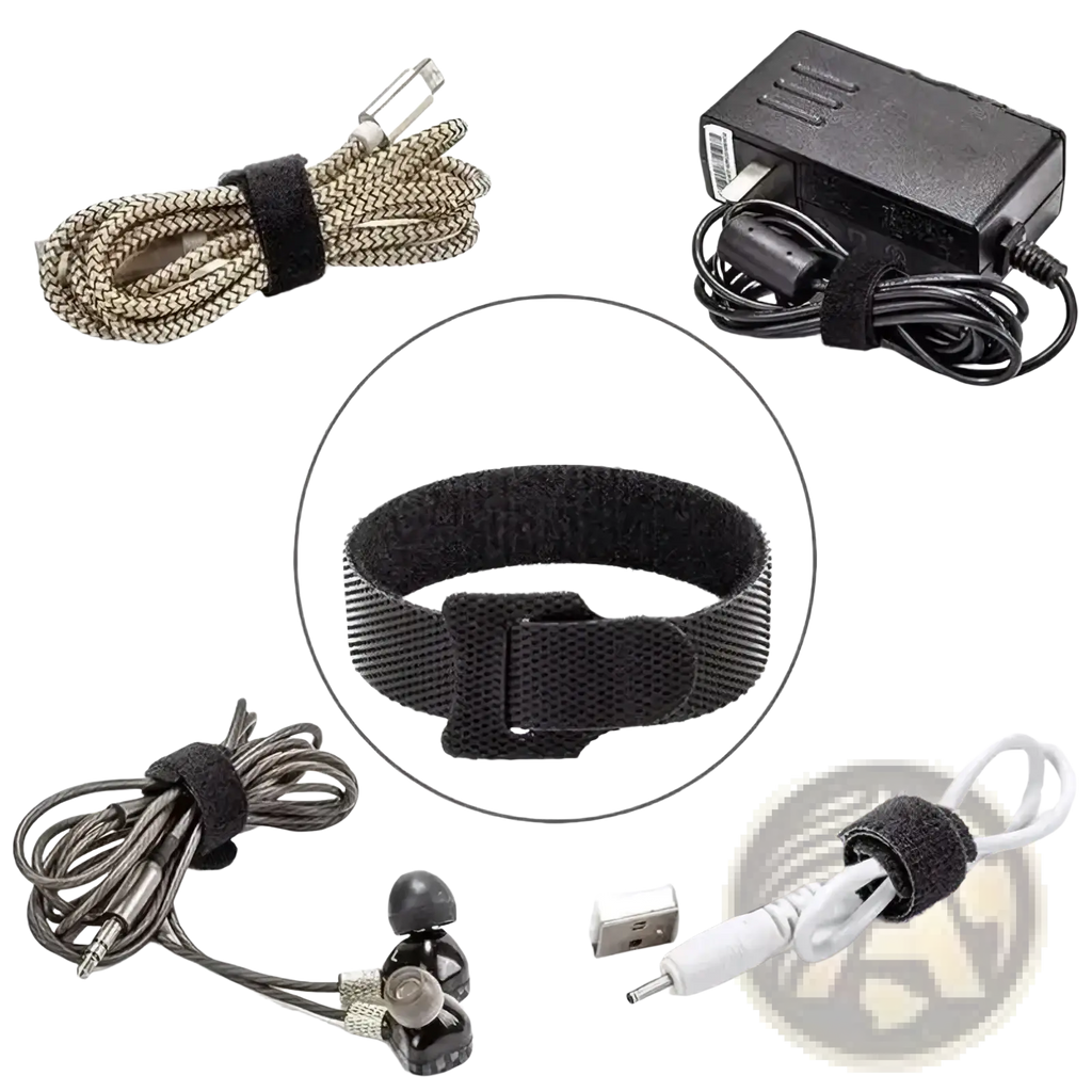 Black cable organizer strap with textured velcro surface and plastic buckle for wire management and bundling