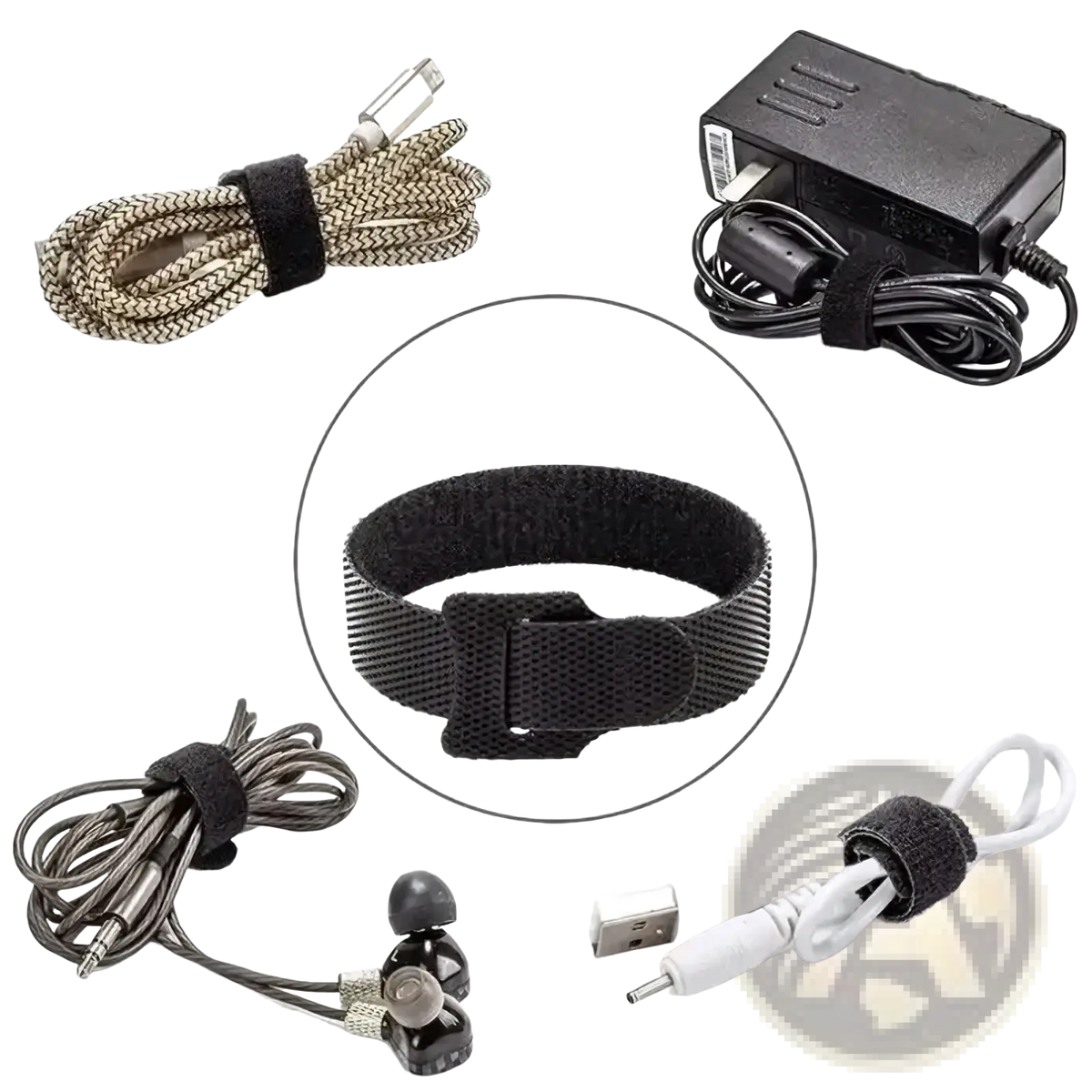 Black cable organizer strap with textured velcro surface and plastic buckle for wire management and bundling