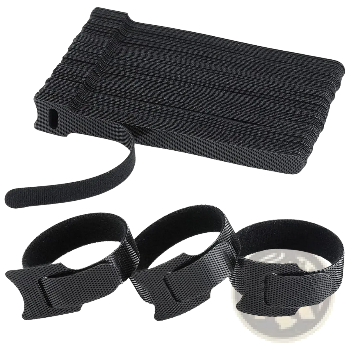 Black cable organizer strap with velcro textured woven fabric and reinforced plastic ends for wire management