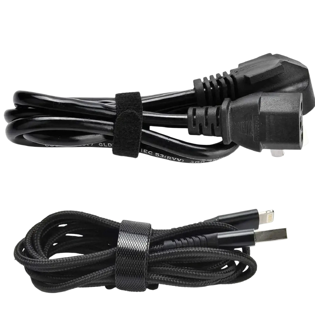 Black cable organizer strap with a durable woven usb-c to power adapter cable featuring molded connectors