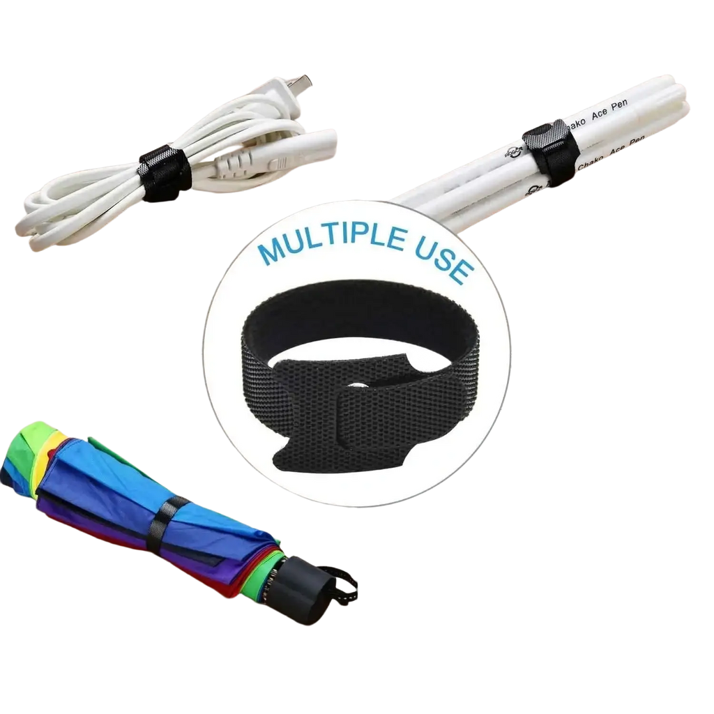 Black cable organizer strap made of elastic with hook-and-loop fastener for securing cables and small items