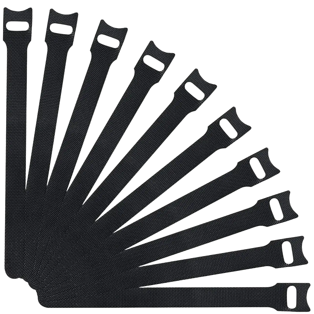 Black cable organizer strap made of fabric with reinforced ends and textured weave for wire management and organization