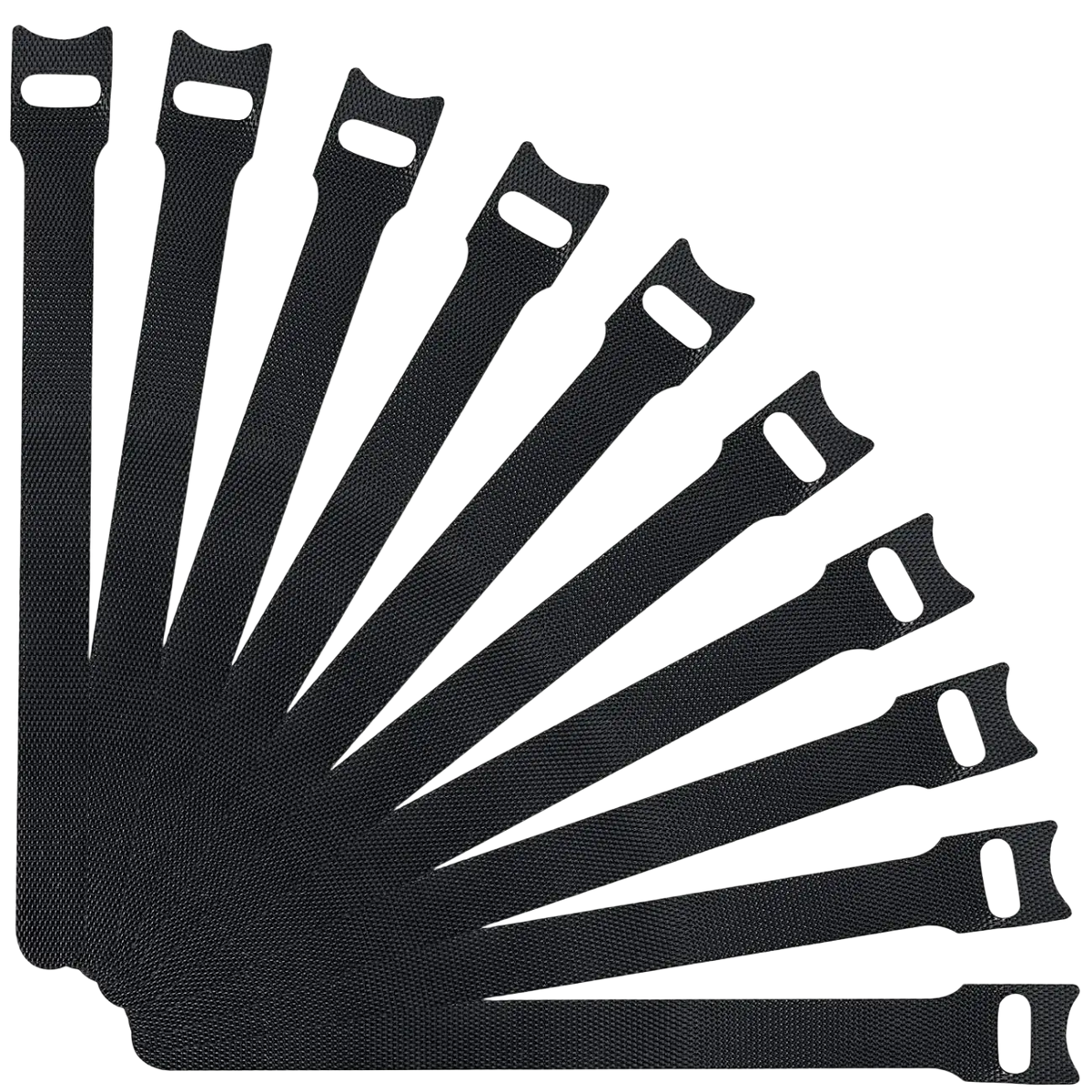 Black cable organizer strap made of fabric with reinforced ends and textured weave for wire management and organization