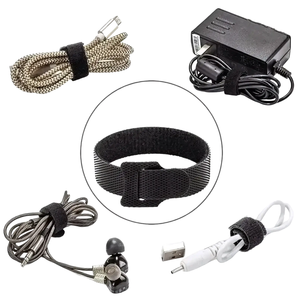 Black cable organizer strap with textured velcro surface and plastic buckle for wire management and bundling