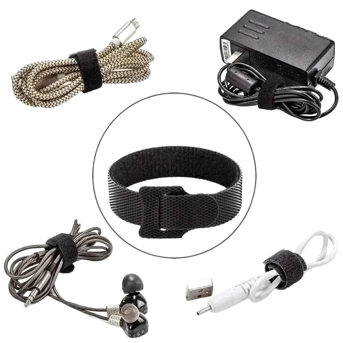 Black cable organizer strap with textured velcro surface and plastic buckle for wire management and bundling