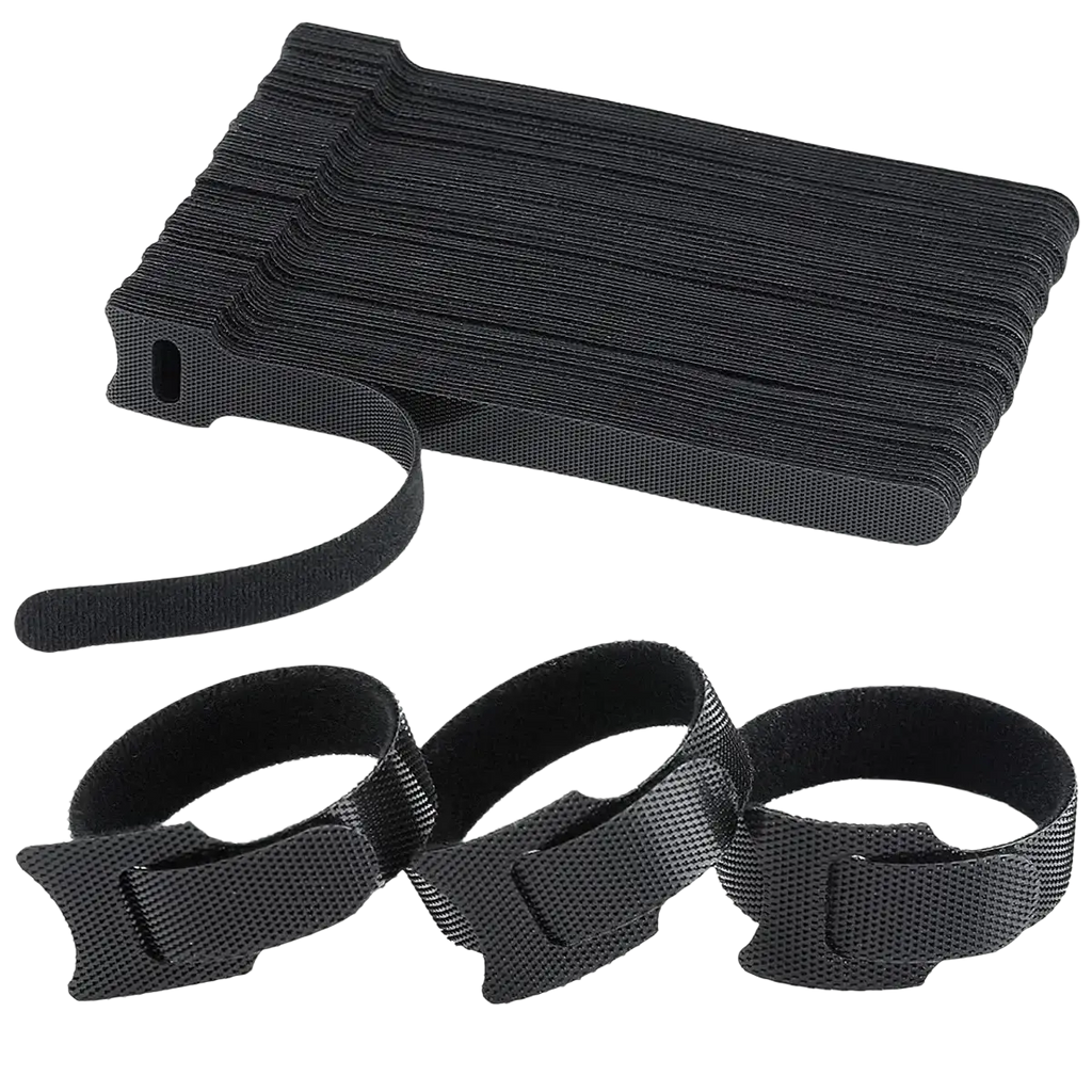 Black cable organizer strap with velcro textured woven fabric and reinforced plastic ends for wire management