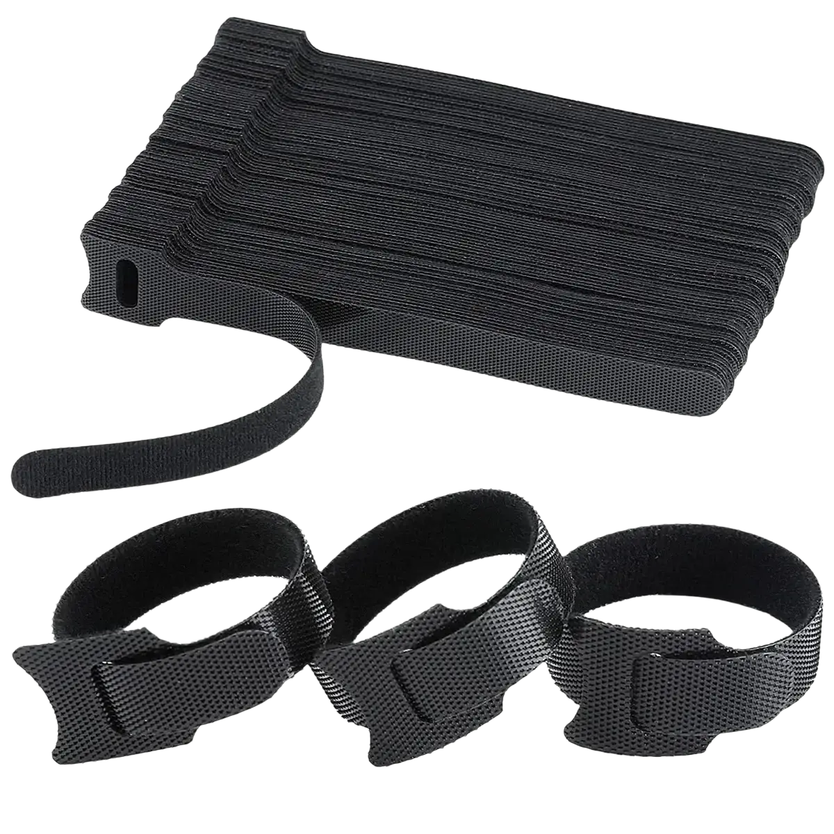 Black cable organizer strap with velcro textured woven fabric and reinforced plastic ends for wire management