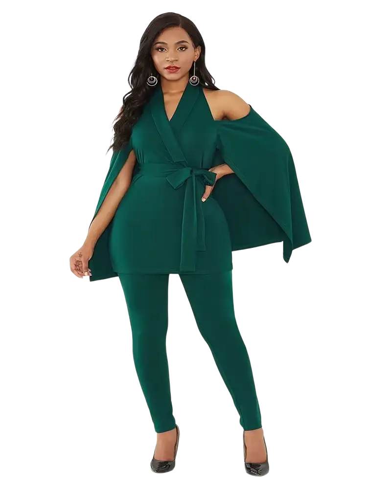 Emerald green cape style jumpsuit with wrap around bodice and matching leggings in a black cape sleeve design with belt