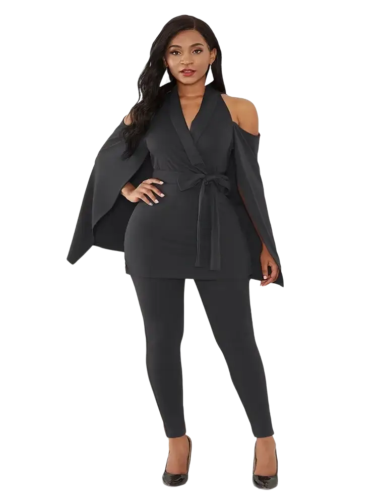 Black cape sleeve jumpsuit with belt featuring a wrap-style top with wide cape sleeves and matching high-waisted leggings