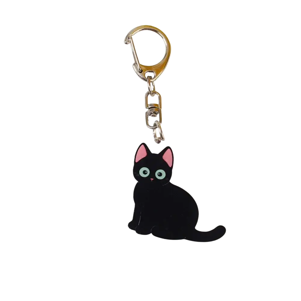 Black cat acrylic keychain with pink inner ears light blue eyes clear body and silver metal clasp bag charm