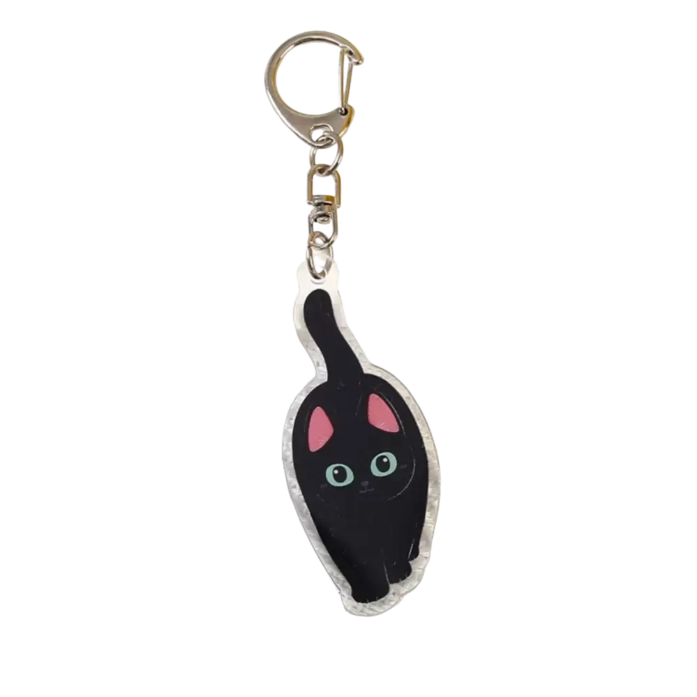 Clear acrylic black cat keychain with pink ears light blue eyes and silver metal clasp for bag charm use