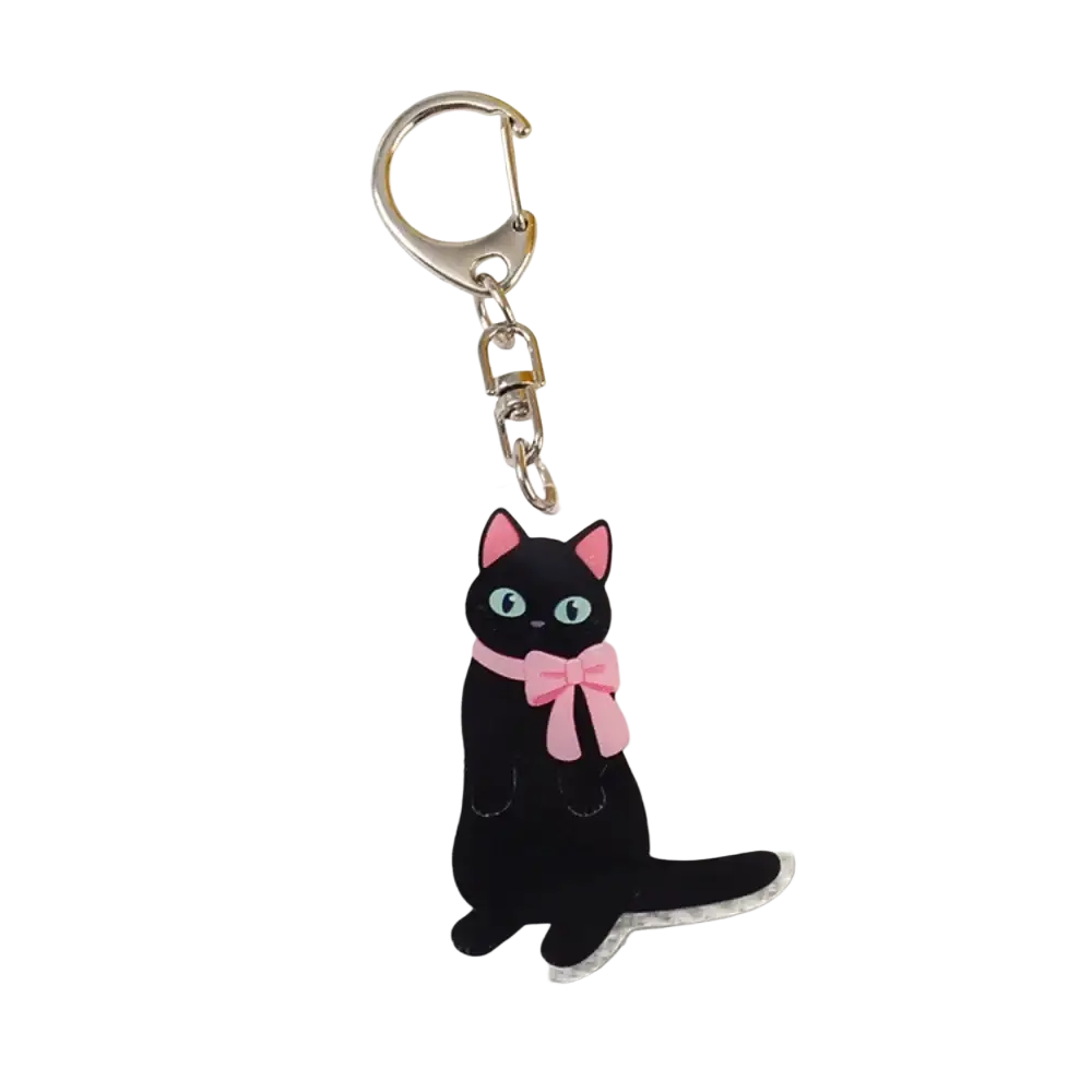 Clear acrylic black cat keychain with pink ears blue eyes and pink bow cartoon animal bag charm