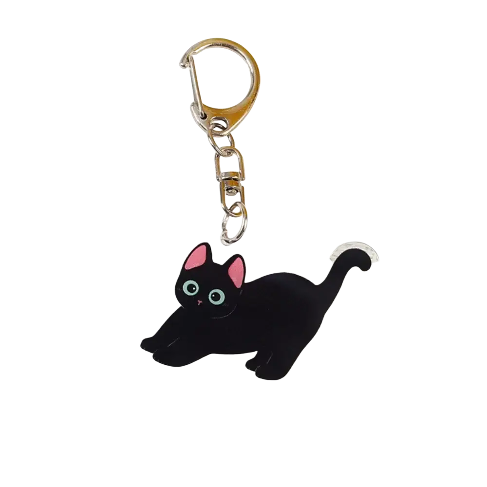 Clear acrylic black cat keychain with pink inner ears light blue eyes and silver metal clasp for bag charm use
