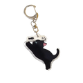 Clear acrylic black cat keychain with pink ears and blue eyes reaching for fish ideal as a cartoon animal bag charm