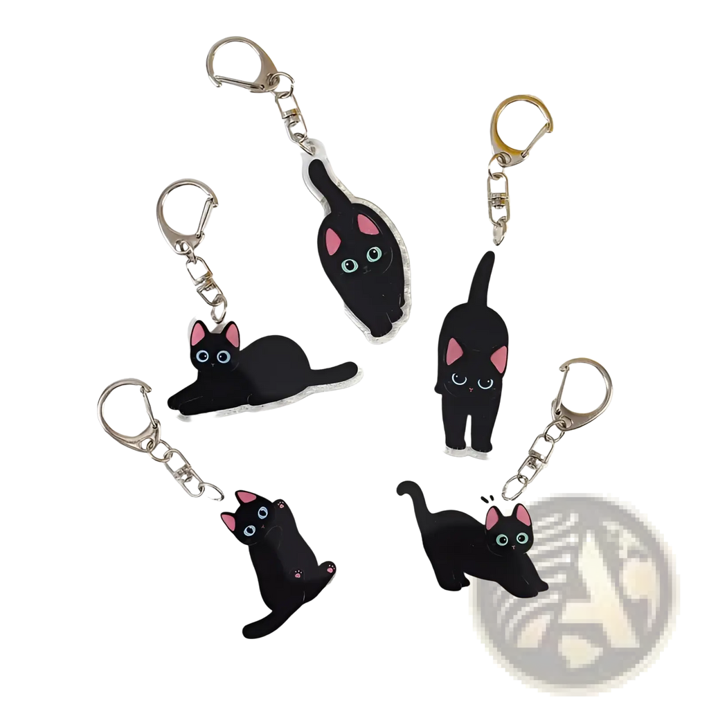 Clear acrylic black cat keychains with pink ears blue eyes and silver metal clasps for bag charms