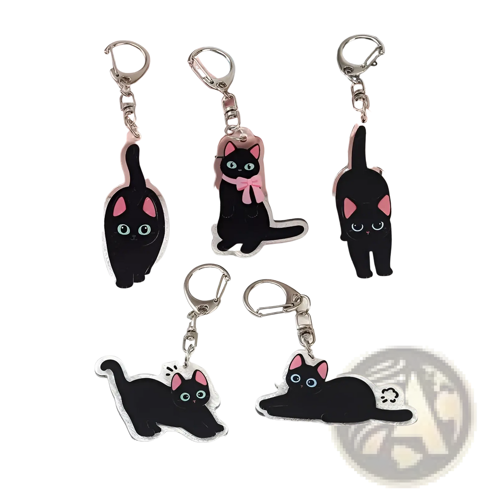 Clear acrylic black cat keychains with pink inner ears blue eyes and some featuring a pink bow bag charm