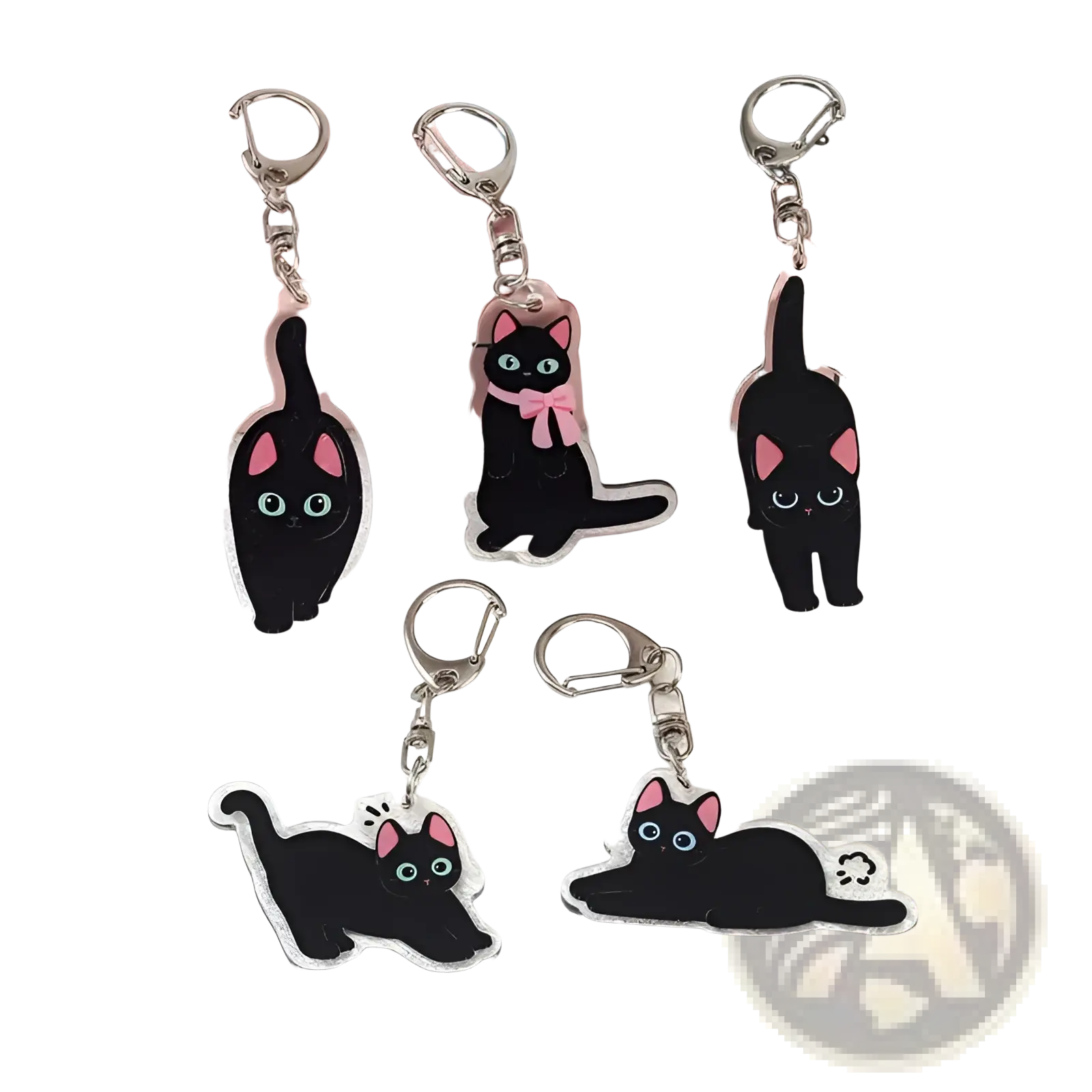 Clear acrylic black cat keychains with pink inner ears blue eyes and some featuring a pink bow bag charm