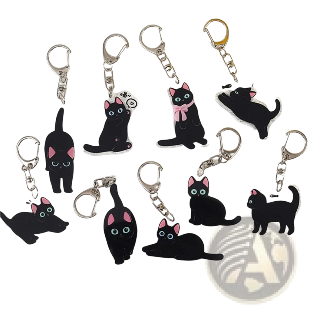 Clear acrylic black cat keychains with pink inner ears blue eyes and some featuring pink bows for bag charms