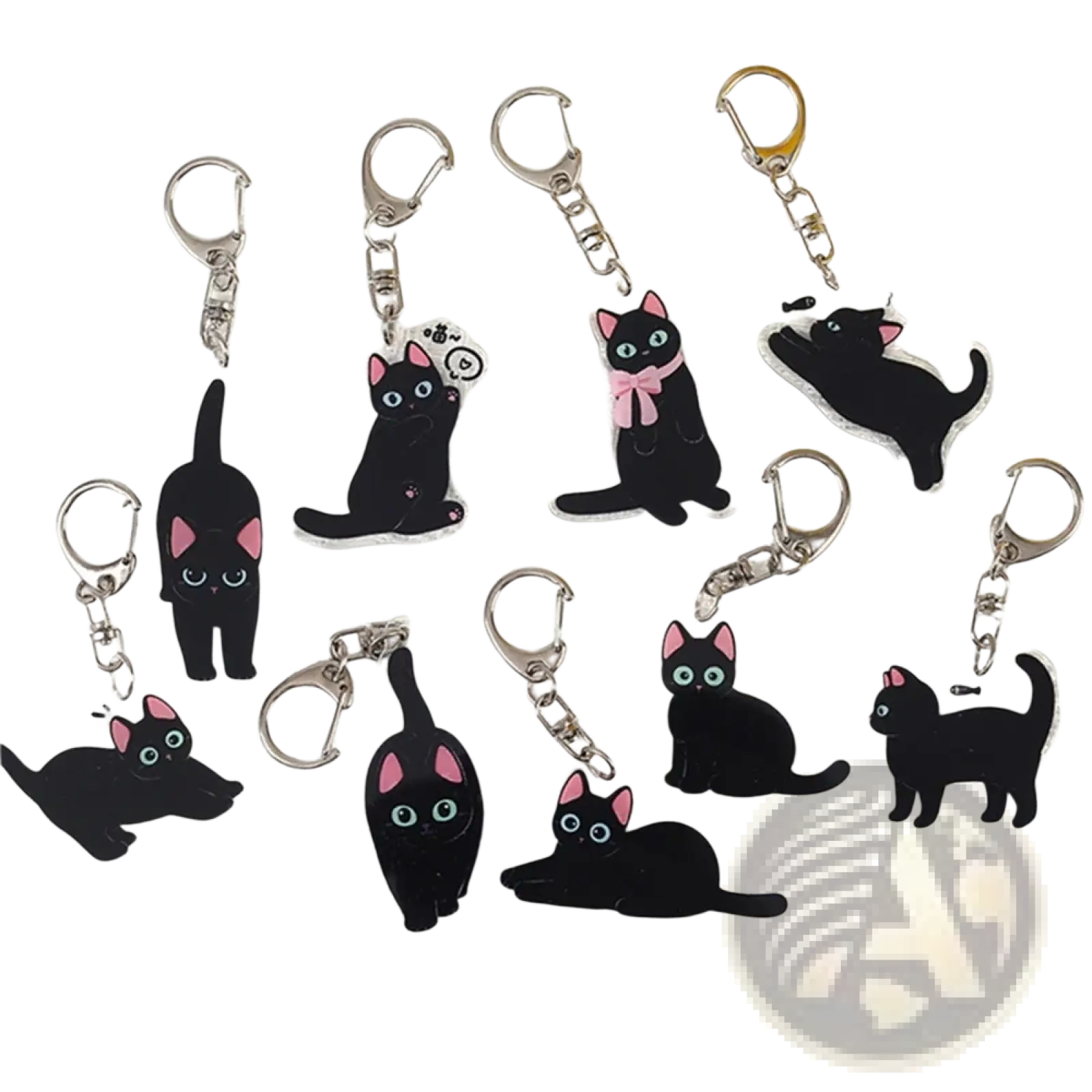 Clear acrylic black cat keychains with pink inner ears blue eyes and some featuring pink bows for bag charms