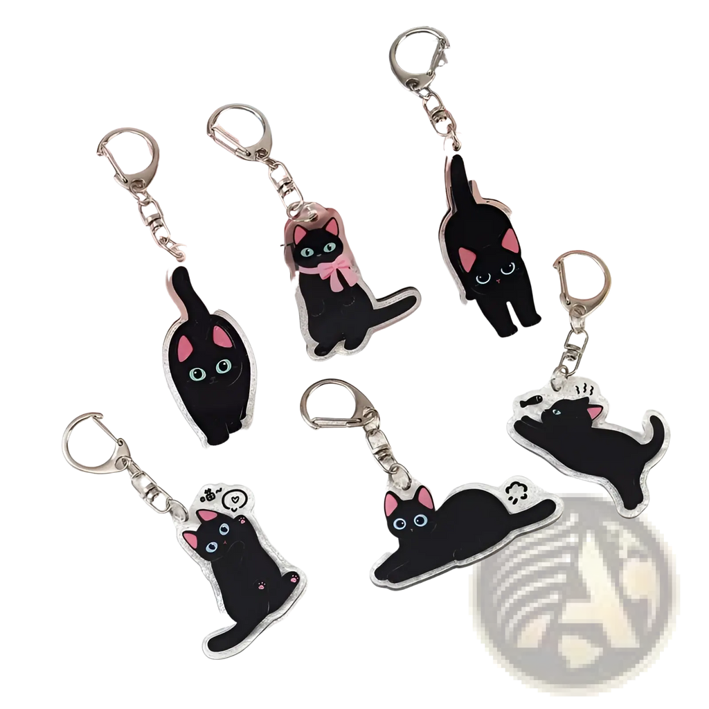 Clear acrylic keychains featuring black cats with pink ears and blue eyes in various poses for bag charm use