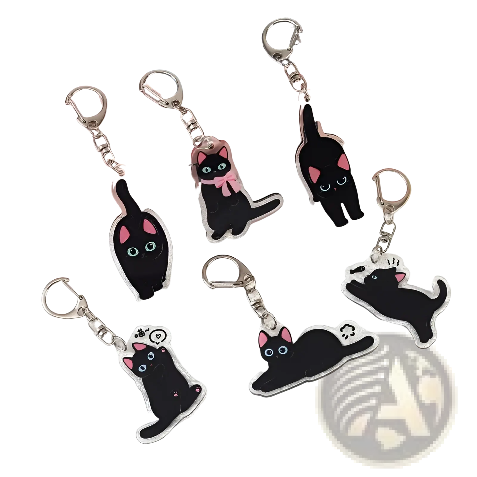 Clear acrylic keychains featuring black cats with pink ears and blue eyes in various poses for bag charm use