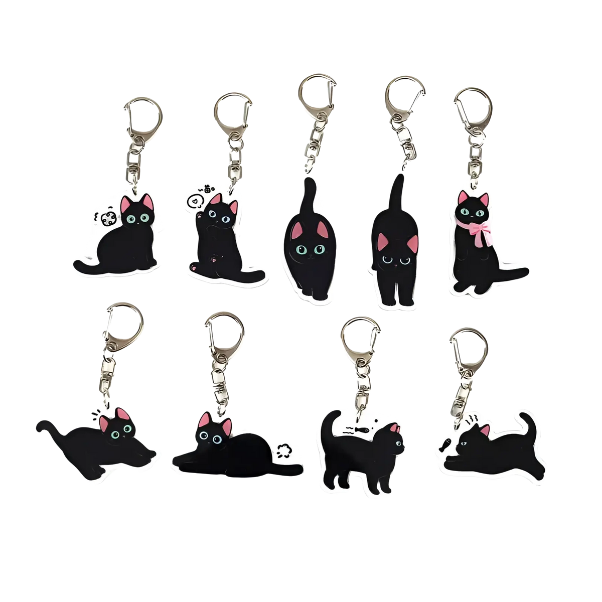 Set of ten black cat acrylic keychains with pink ears and green eyes in various poses for bag charm use