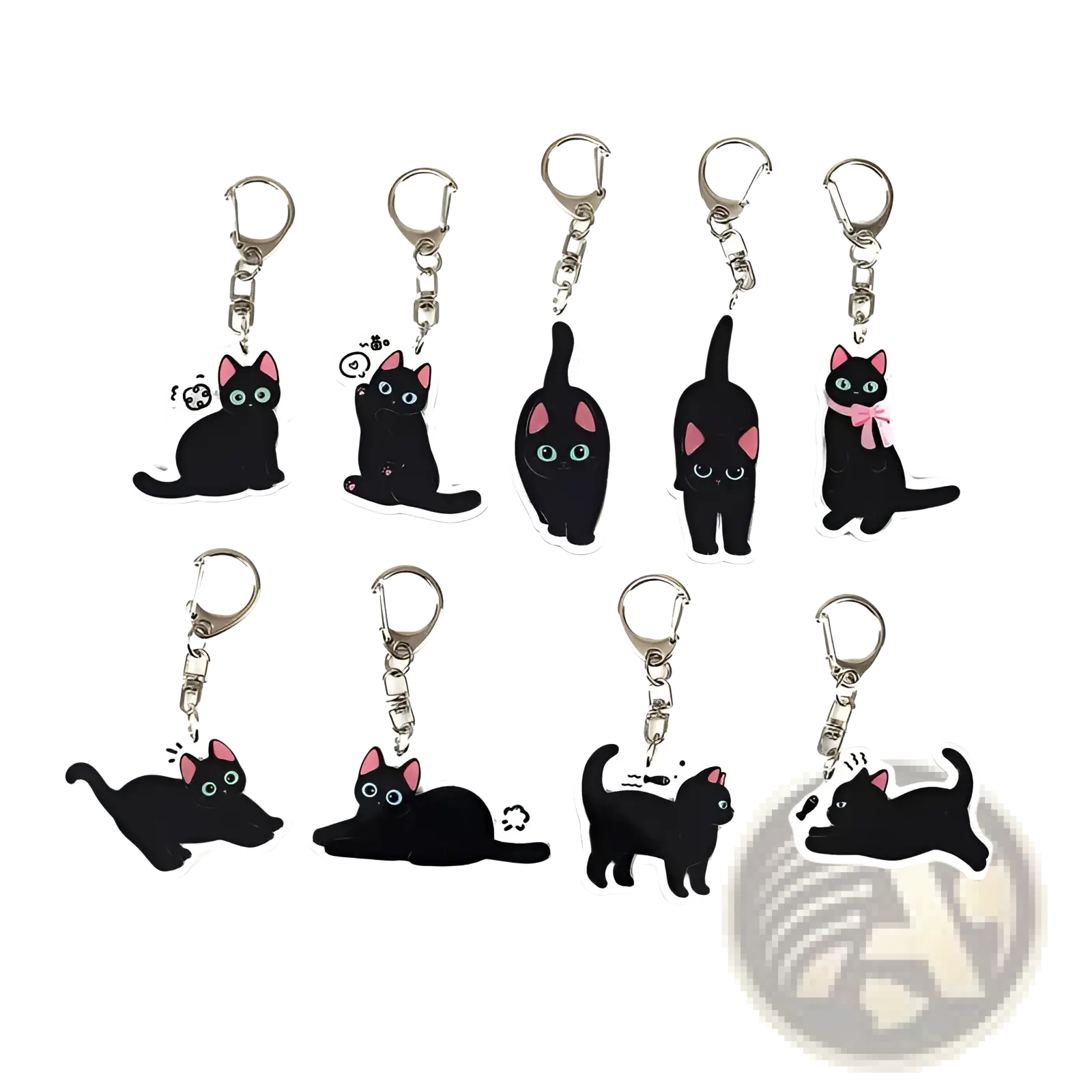 Set of ten black cat acrylic keychains with pink ears and green eyes in various poses for bag charm use