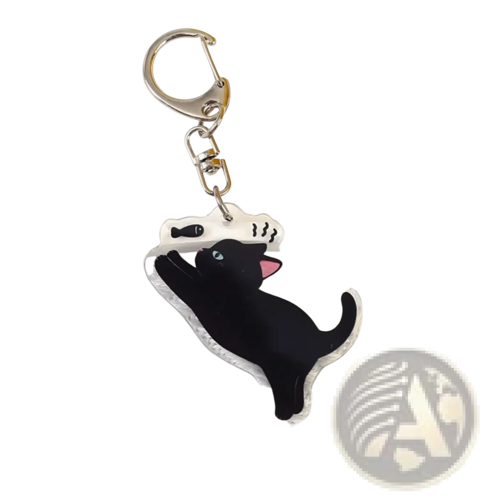 Clear acrylic black cat keychain with pink ears and blue eyes reaching for fish ideal as a cartoon animal bag charm