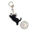 Clear acrylic black cat keychain with pink ears and blue eyes reaching for fish ideal as a cartoon animal bag charm